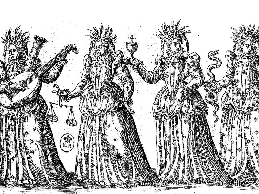 A black and white illustration of four women representing the four virtues, from Le Ballet-Comique de la Reine