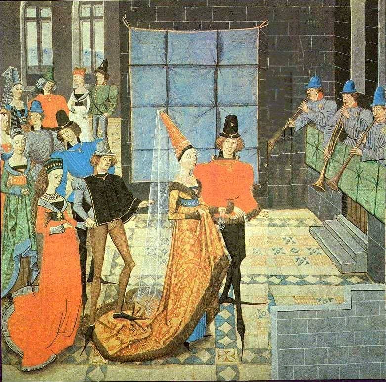 Colourful painting of well dressed couples doing a basse dance