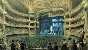 Painting of a theatre, 19th century ballet "Dance of the Dead Nuns" being performed