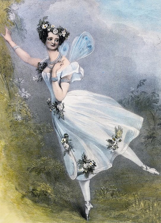 Painting of Marie Taglioni dancing on pointe, wearing wings 