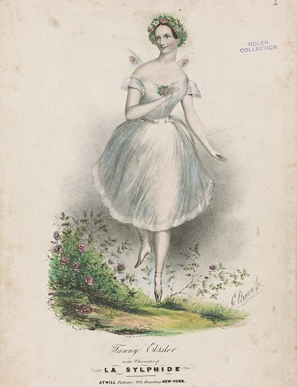 A print of Fanny Elssler, a 19th century ballerina wearing pointe shoes